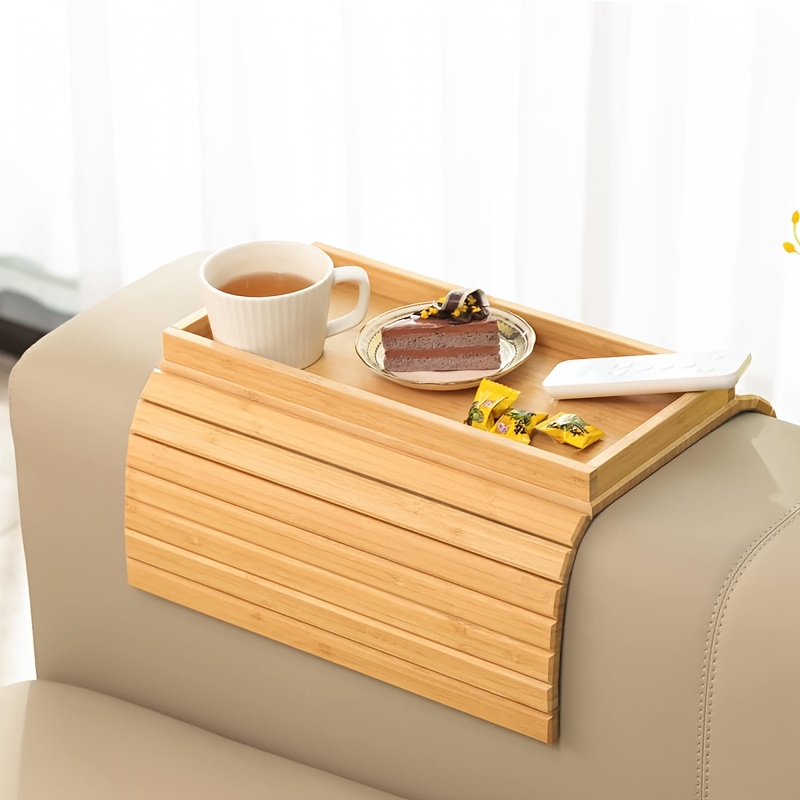 Image of Fashion Bamboo Sofa Armrest Tray, With Cup Holder-anti-fall Design, Folding Storage Table, Suitable For Modern Home Accessories Such As Mobile Phones, Tray | Folding Tray, Non-food Contact