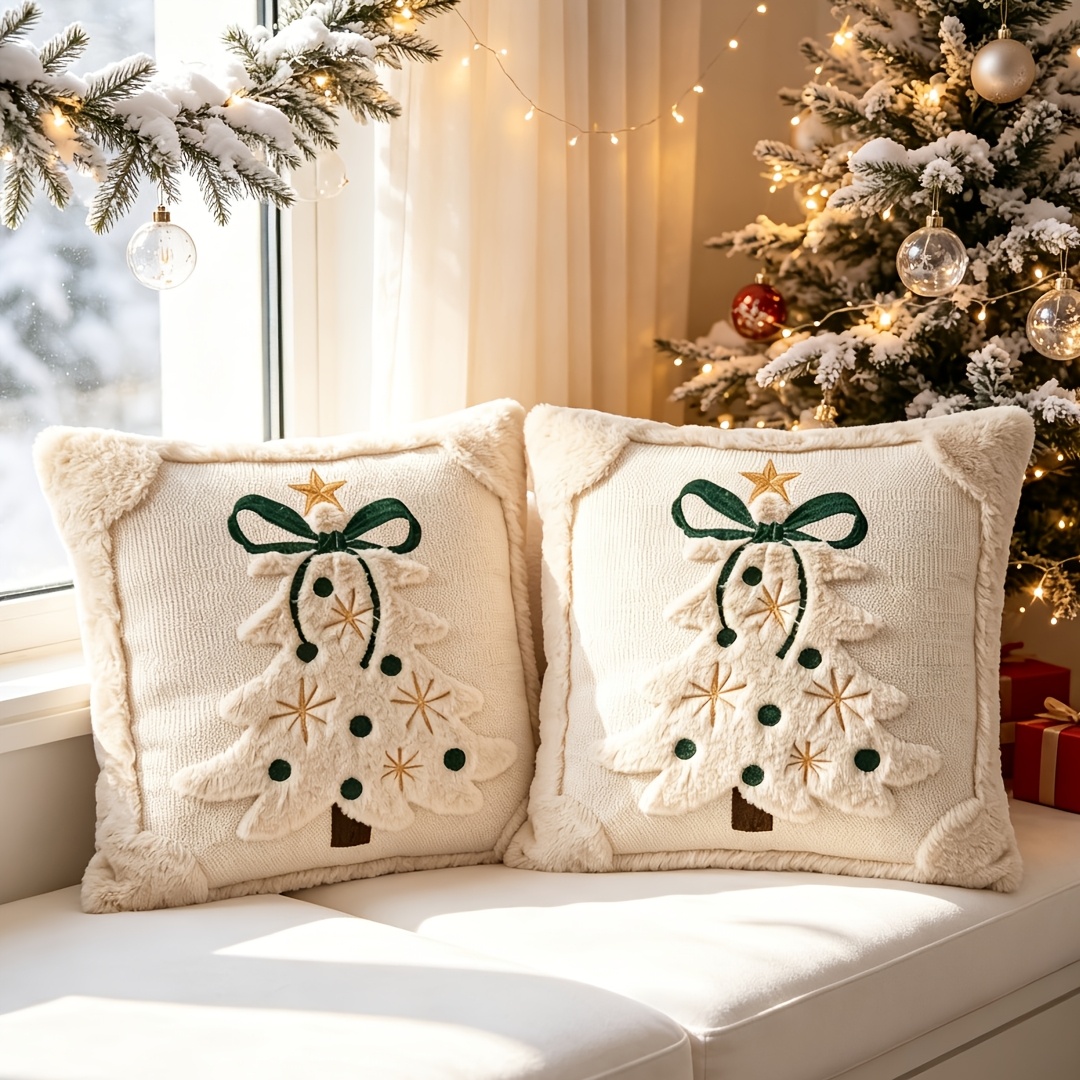 TEMU 2pcs Plush Bow Christmas Tree Pillow Covers, 18x18 Inches, Christmas Decoration, Soft And Comfortable, Star And Bow Christmas Tree Decoration