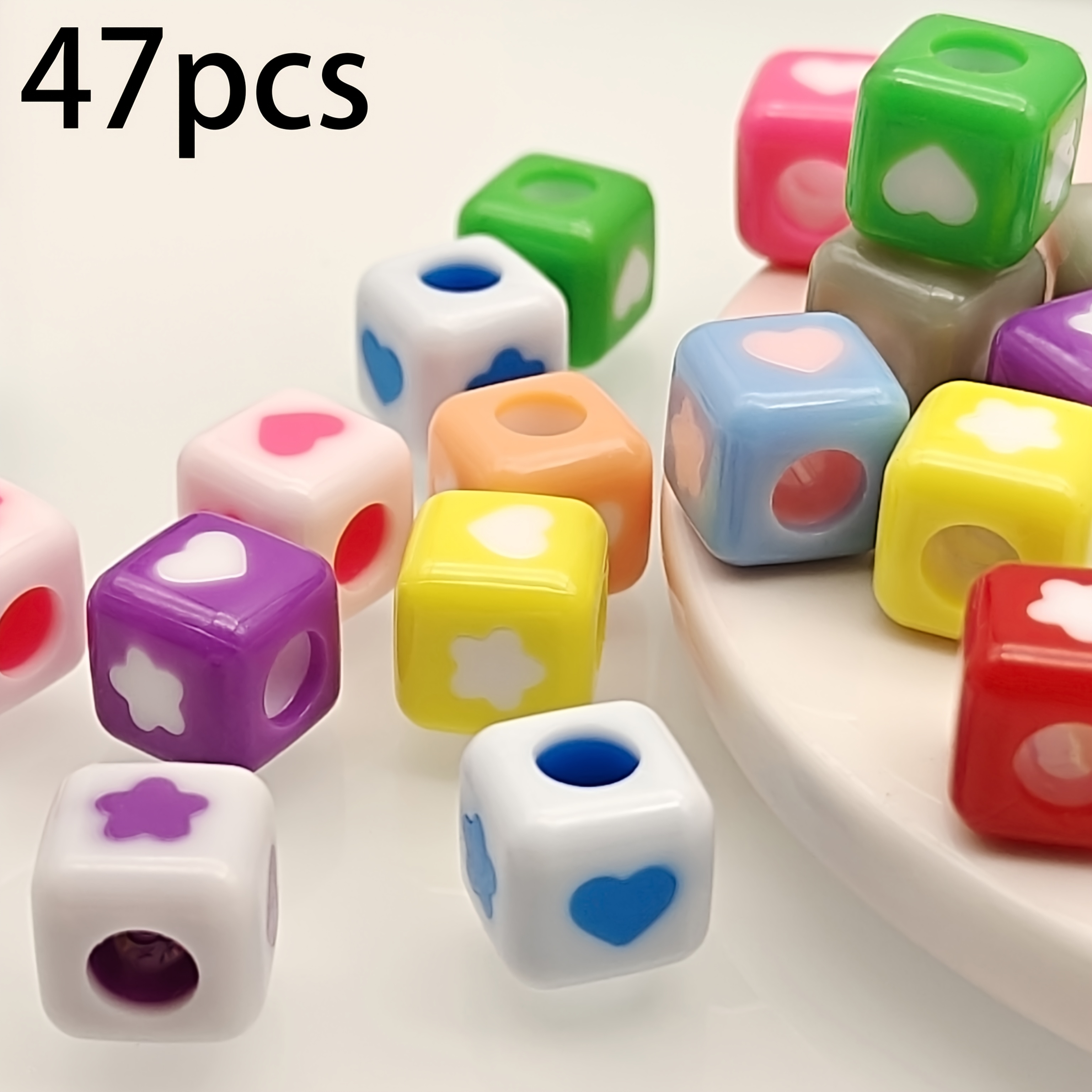 TEMU 47 pz Perline Quadrate Acriliche con Foro Grande, Perline Colorate a Cuore, Stella, , Perline Distanziali Sciolte a Forma di Solide. Materiali