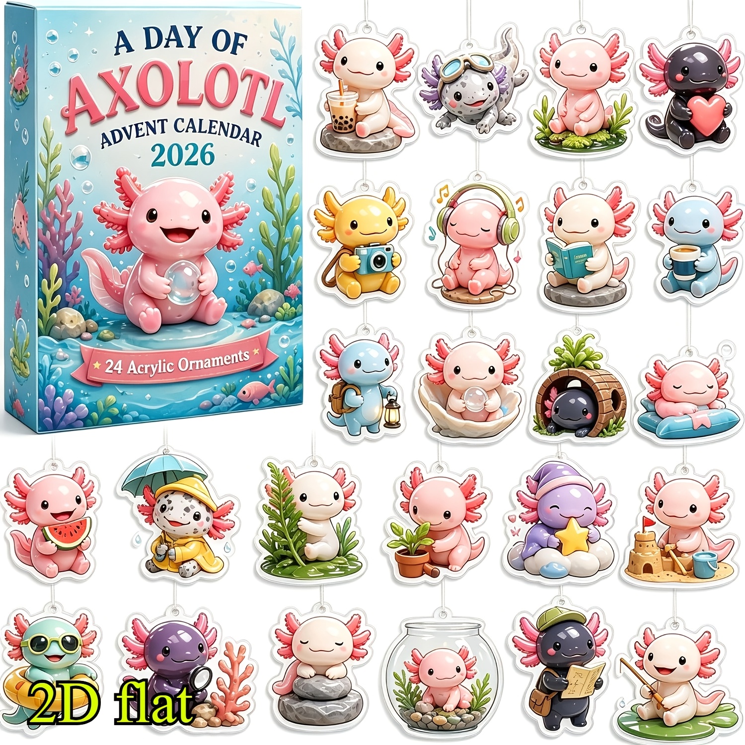 TEMU 2d Flat, A Day Of Axolotl Advent Calendar 2026, 24 Day Christmas Countdown Calendar With 24pcs 2d Flat Acrylic Axolotl Ornaments, Cute Themed