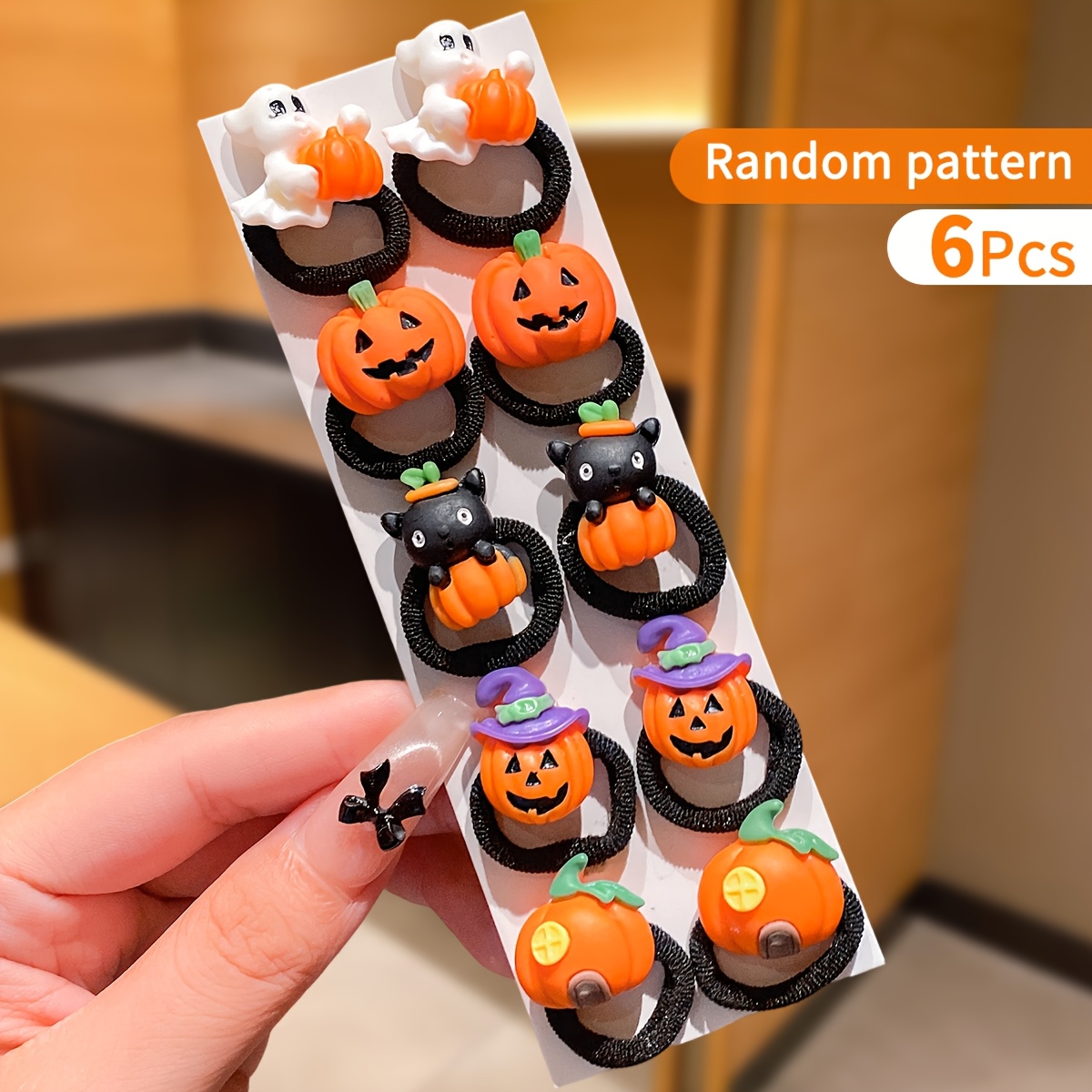TEMU 6pcs Random Styles 's Halloween Pumpkin Cartoon High Elastic Hair Ties, Suitable For ' Hair Bands, Fun Holiday School Hairstyle Decoration
