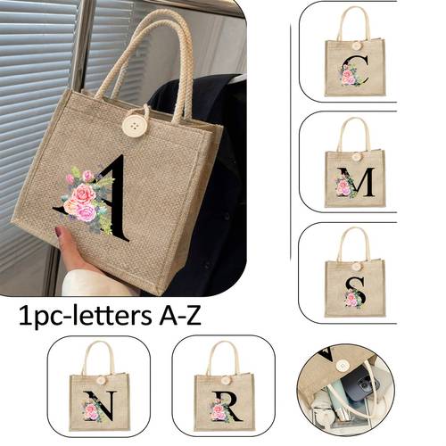 1 letter a z flower pattern handbag handbag simple bag button decoration portable leisure storage handbag multifunctional shopping bag shopping essential suitable for wo daily use beach travel back to