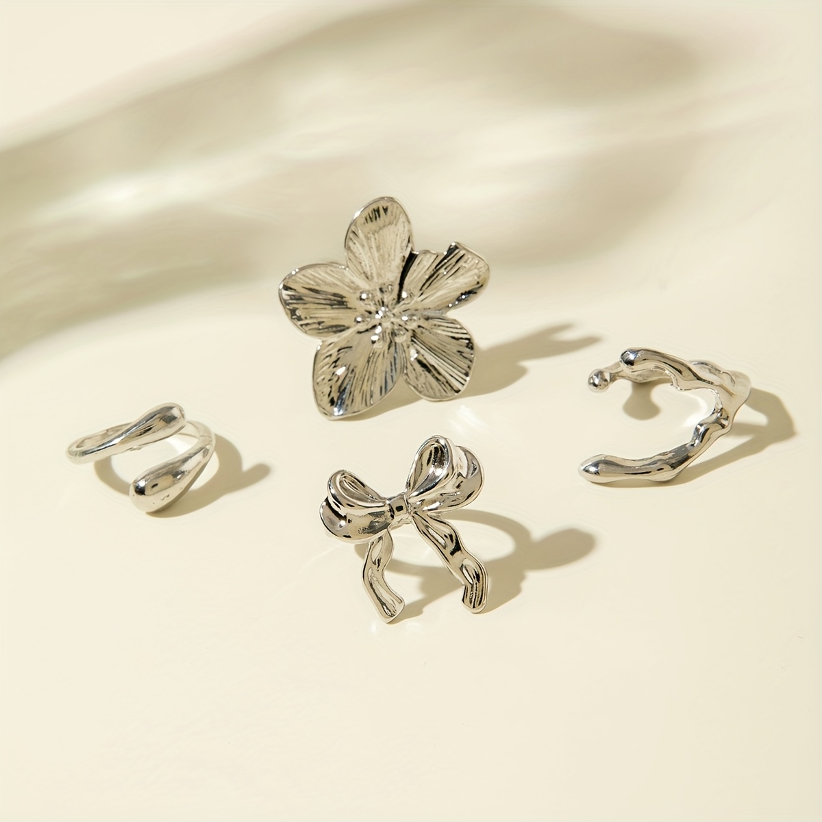 4pcs Geometric Irregular Open Ring Set with Floral Bowknot