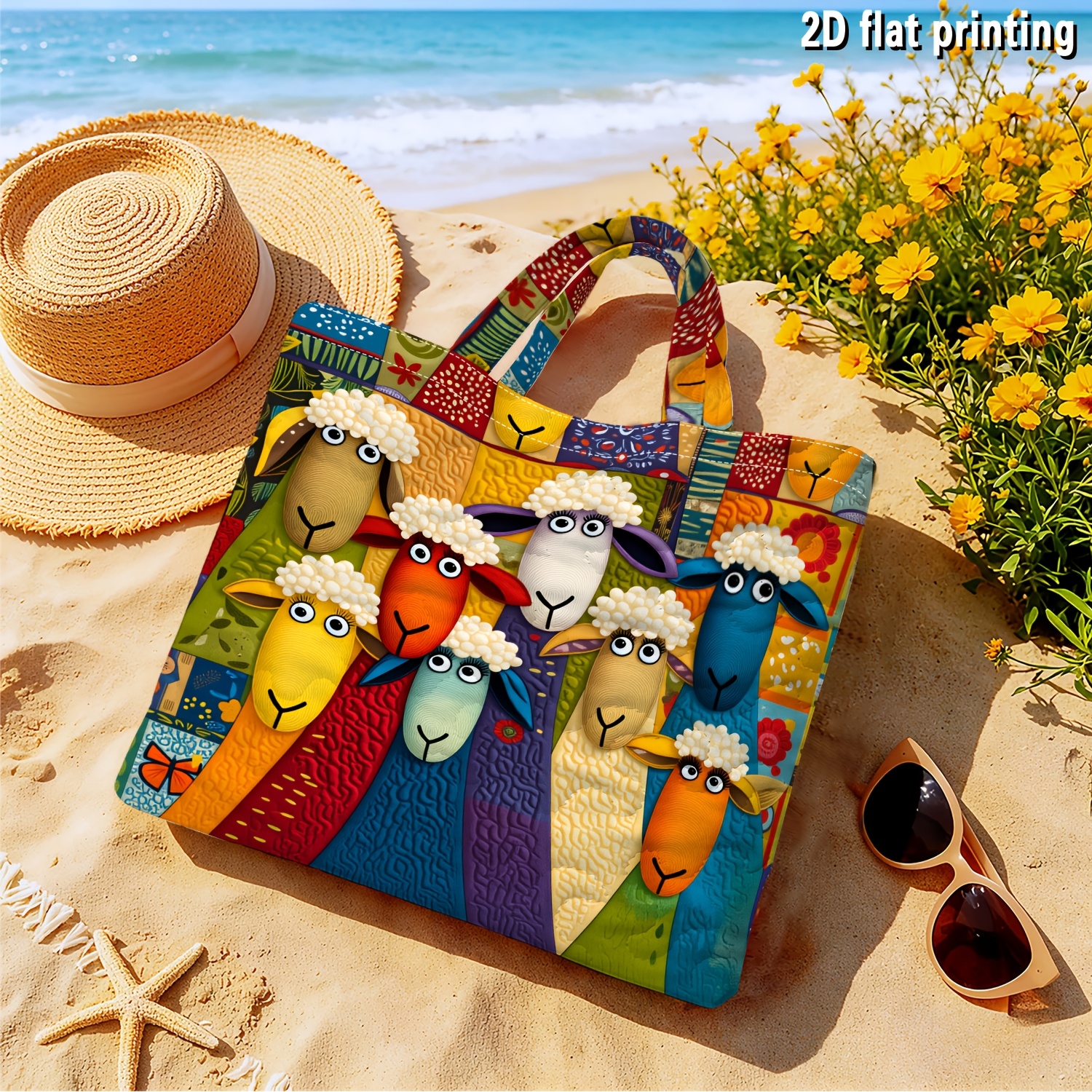 TEMU 1pc Colorful Sheep Print Quilted Tote Bag, Large Capacity Soft Shoulder Bag, Reusable Durable Lightweight Foldable Handbag, Suitable For Women