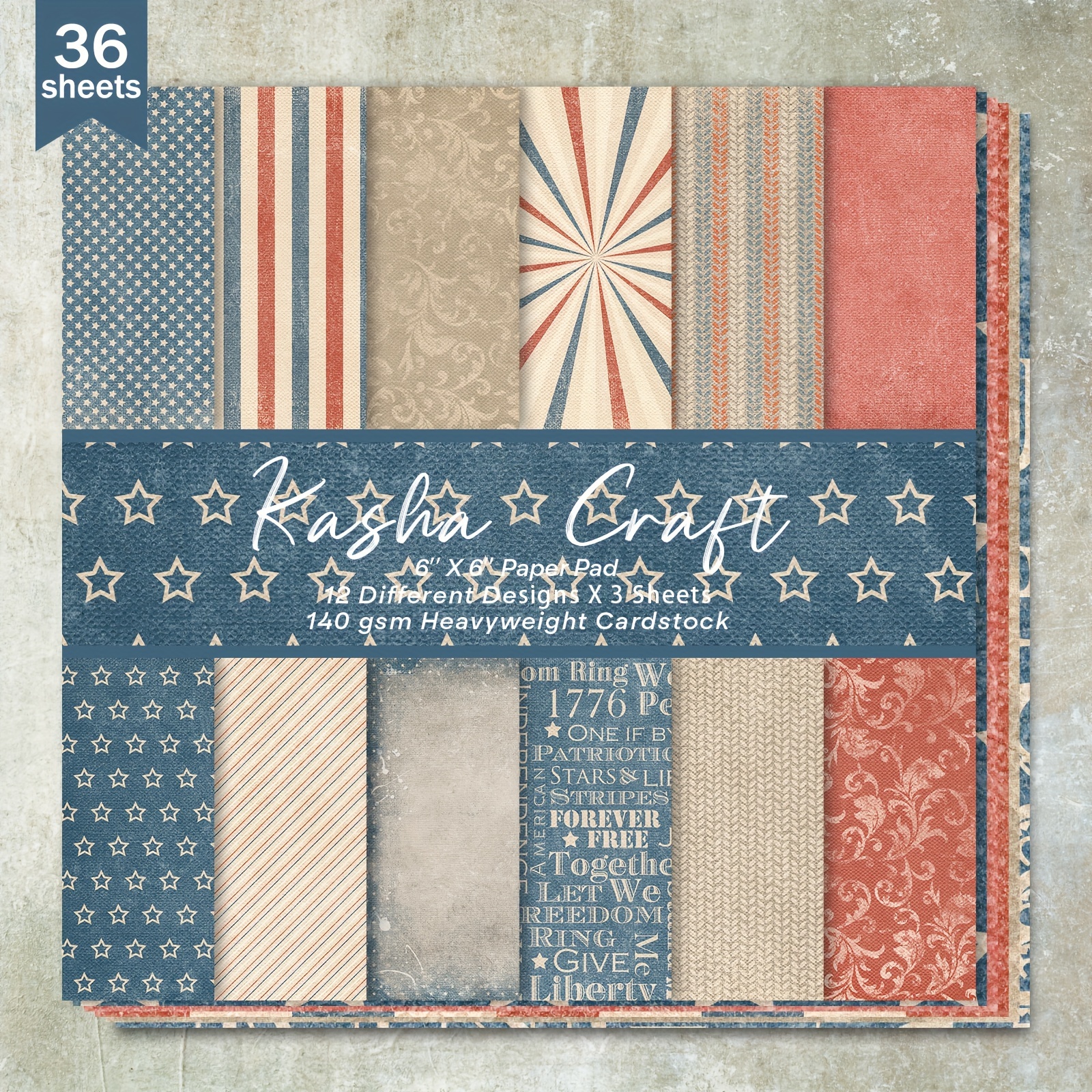 

Vintage Distressed Fabric Design Scrapbooking Paper Pad, 36 Sheets 6-inch, Patriotic Heavyweight Cardstock For Bullet Journals, Junk Journals, Greeting Cards, Photo Albums & Crafts