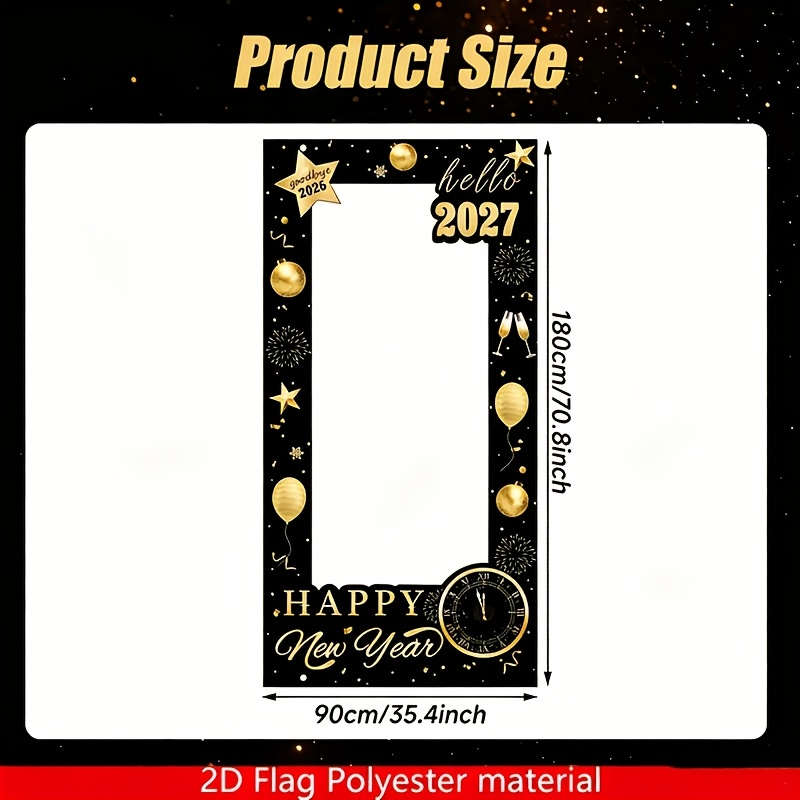 TEMU Hello 2027 New Year Party Photo Booth Prop Banner, Black And Golden Color Scheme Farewell 2026 Hanging Selfie Prop, Material, New Year's Eve