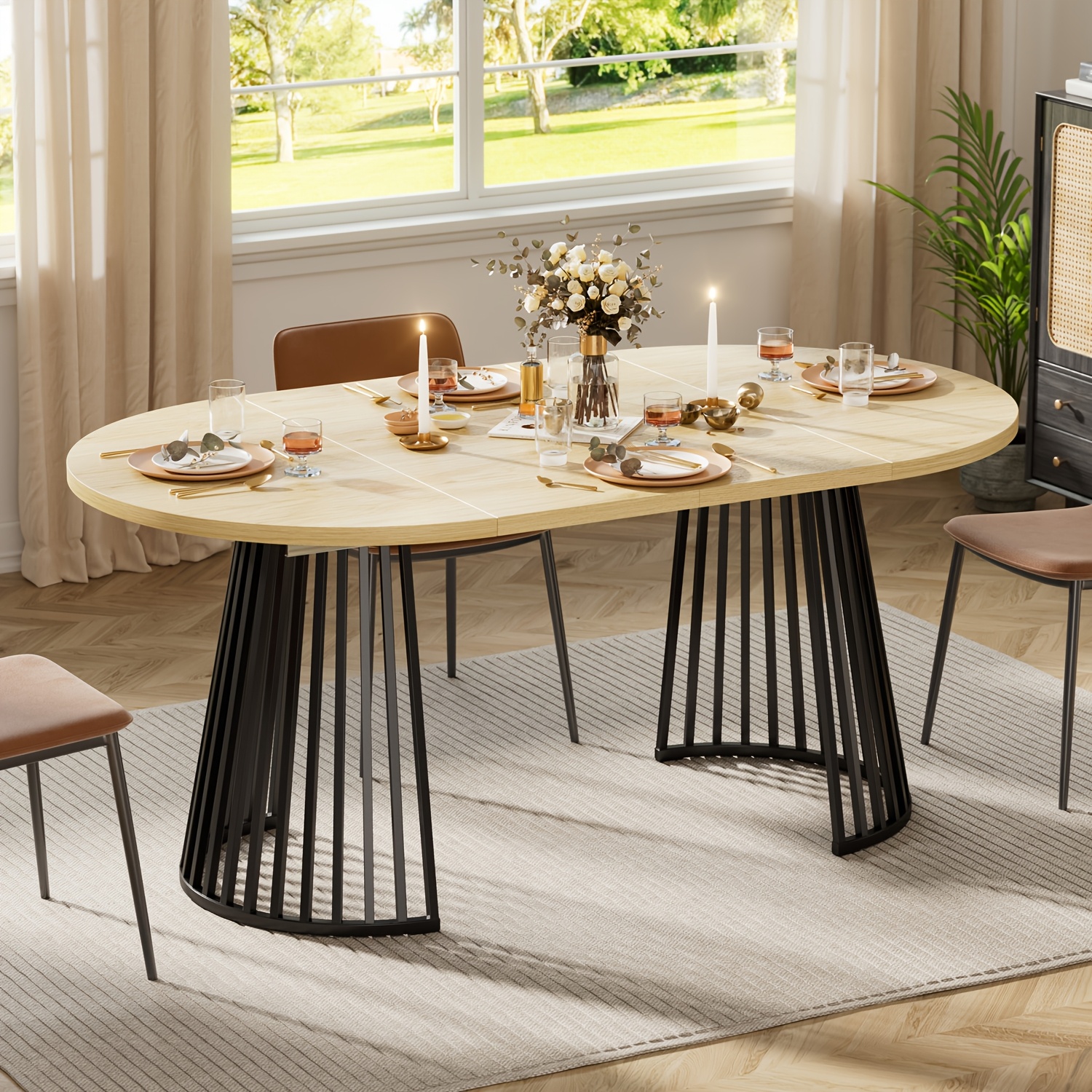 TEMU Table à diner ovale extensible en bois, d'extension, convient pour 4 à 8 personnes, plateau épais avec pieds en métal rainurés, table à manger