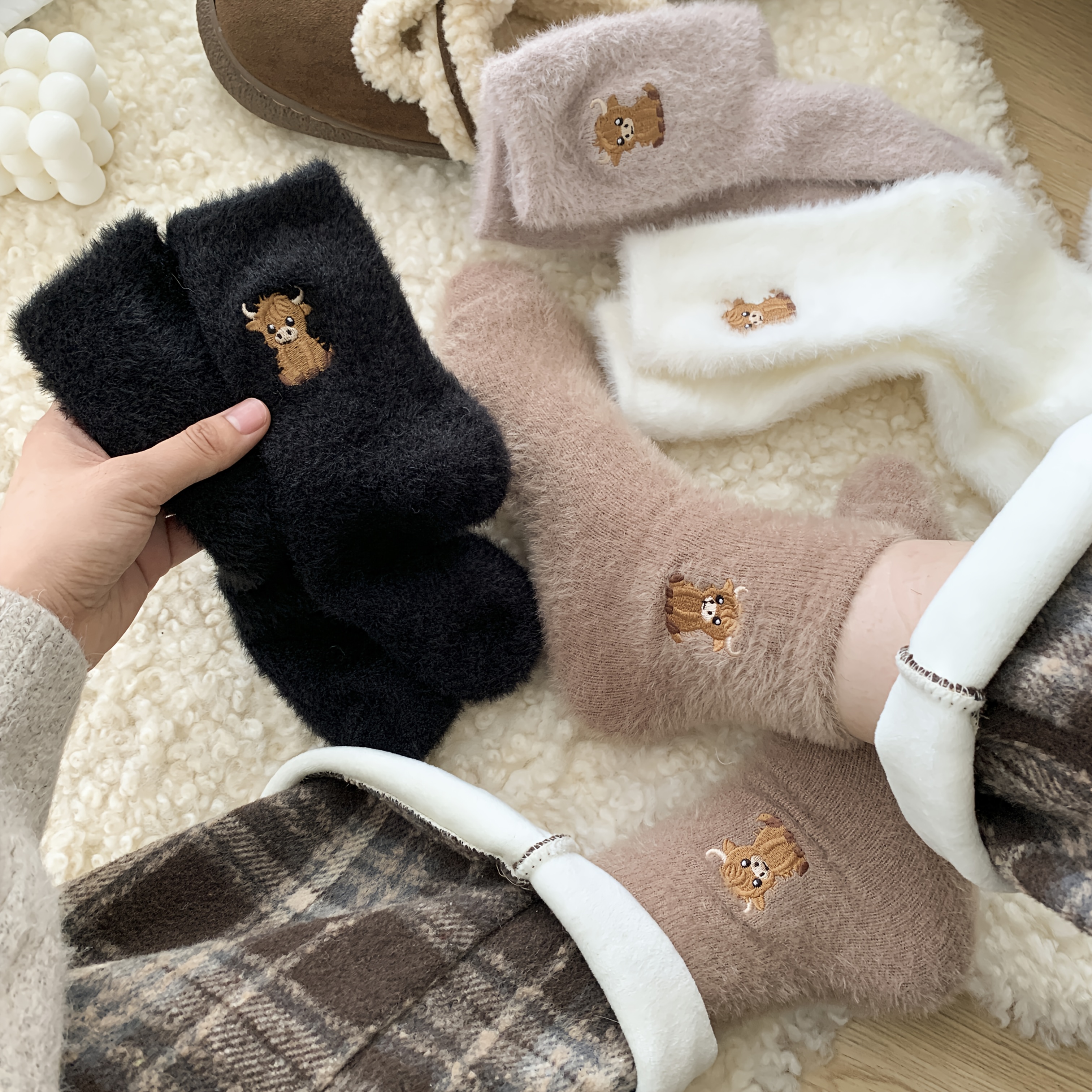 5 pairs womens cow embroidered plush socks winter thick warm soft floor socks with cute cartoon cow design   lounge socks for cold weather brown neutral tones hand   clean fluffy socks indoor       fabric construction  able loungewear stylish loungewear durable stitching     Product details 8