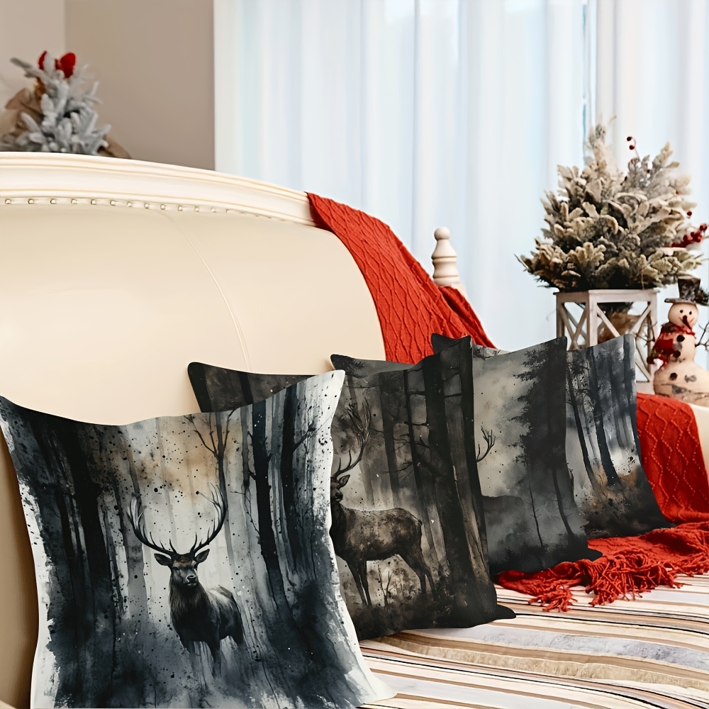 

4pcs Scottish Wildlife Short Plush Pillow Cover Stag In Dark Grey With For Living Room, Bedroom, And Office Decor 18×18inch/45×45cm