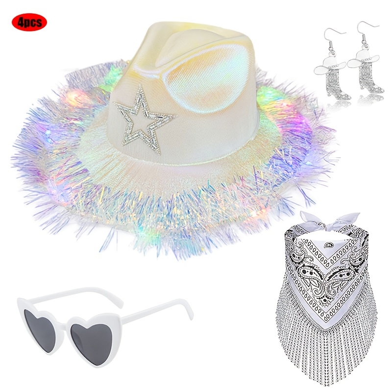 4pcs Western Cowgirl Party Set with LED Light-Up Iridescent Fringe Cowboy  Hat Glasses, Necklace Earrings Multicolor Glow for Halloween