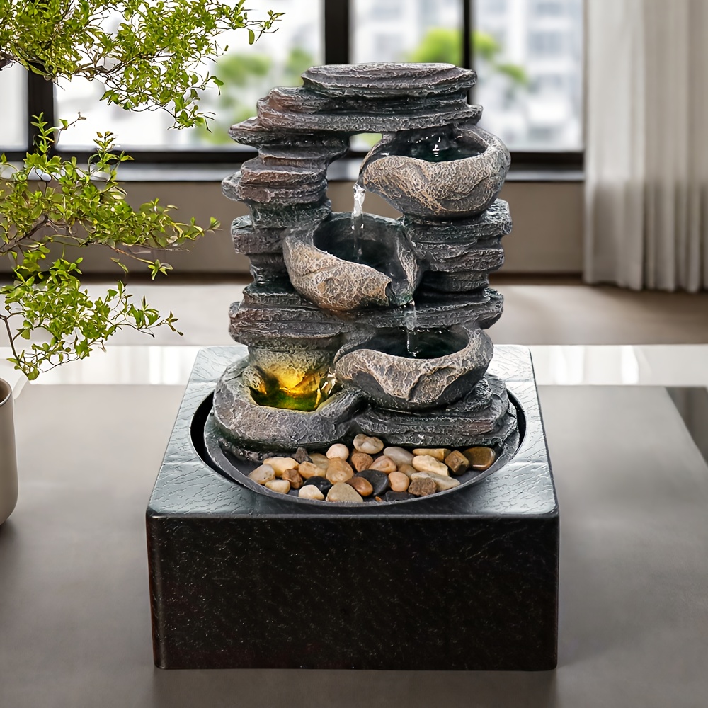 TEMU 10" 3-tier Rock Fountain With Led Lights, A Sophisticated Cascading Water Feature For, Indoor Decoration, A Soothing Stone Waterfall For Home And Office, In Gray