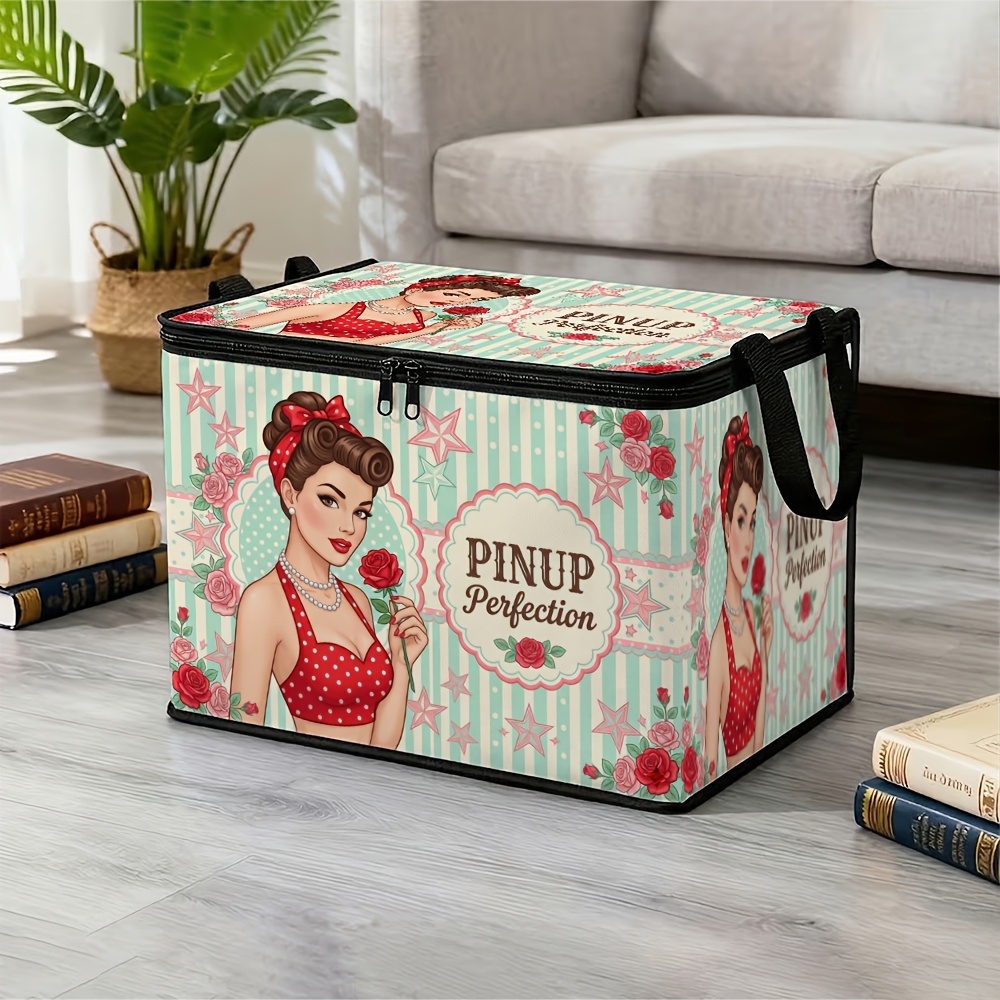 TEMU 1pc A Foldable Zippered Storage Basket With Vintage Americana- Pinup Woman Shelf Storage Box, Suitable For Bedside, Office, And Under-bed