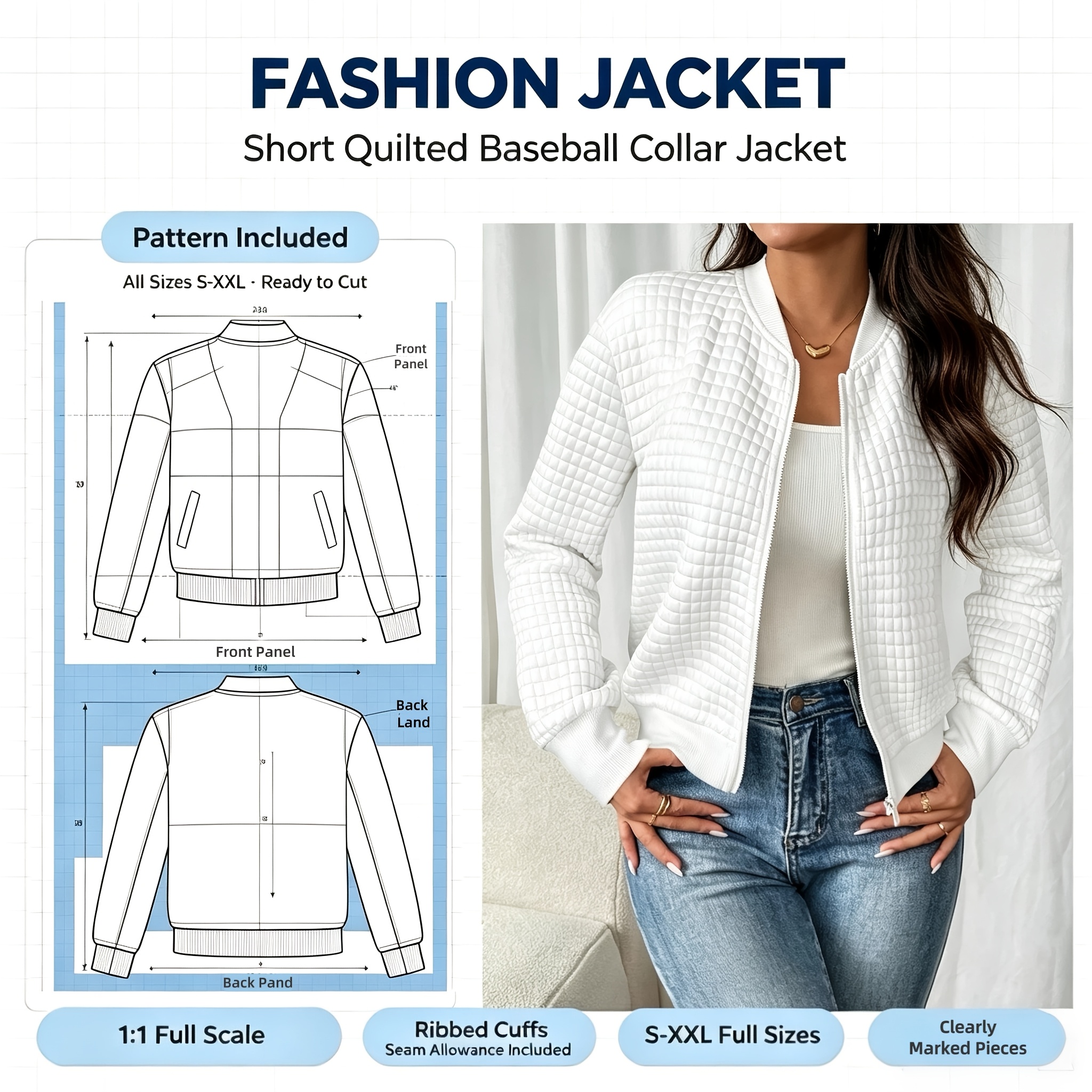 TEMU Women's Quilted Baseball Jacket Sewing Pattern 1:1 Paper Pattern S-xxl All Sizes Included Seam Allowance Beginner Friendly Baseball Collar Short