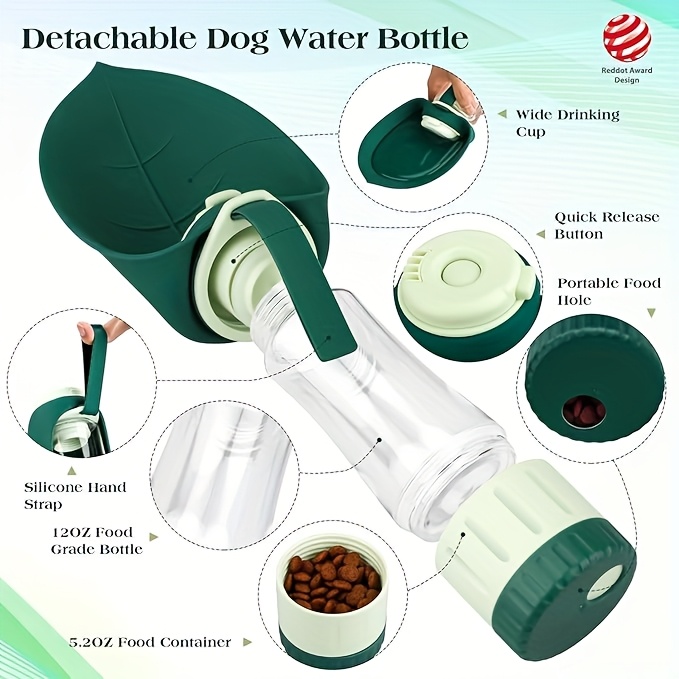Gourde pour Chien de 12 oz à 2 Couches et Conteneur d'Aliments avec Dragonne, Distributeur d'Eau Portatif, Étanche, Lavable au Lave-Vaisselle et Détachable, Tasse d'Eau Pliable pour Chiots pour Promenades en Plein Air, Voyages, Randonnées Meilleurs Cadeaux pour Animaux