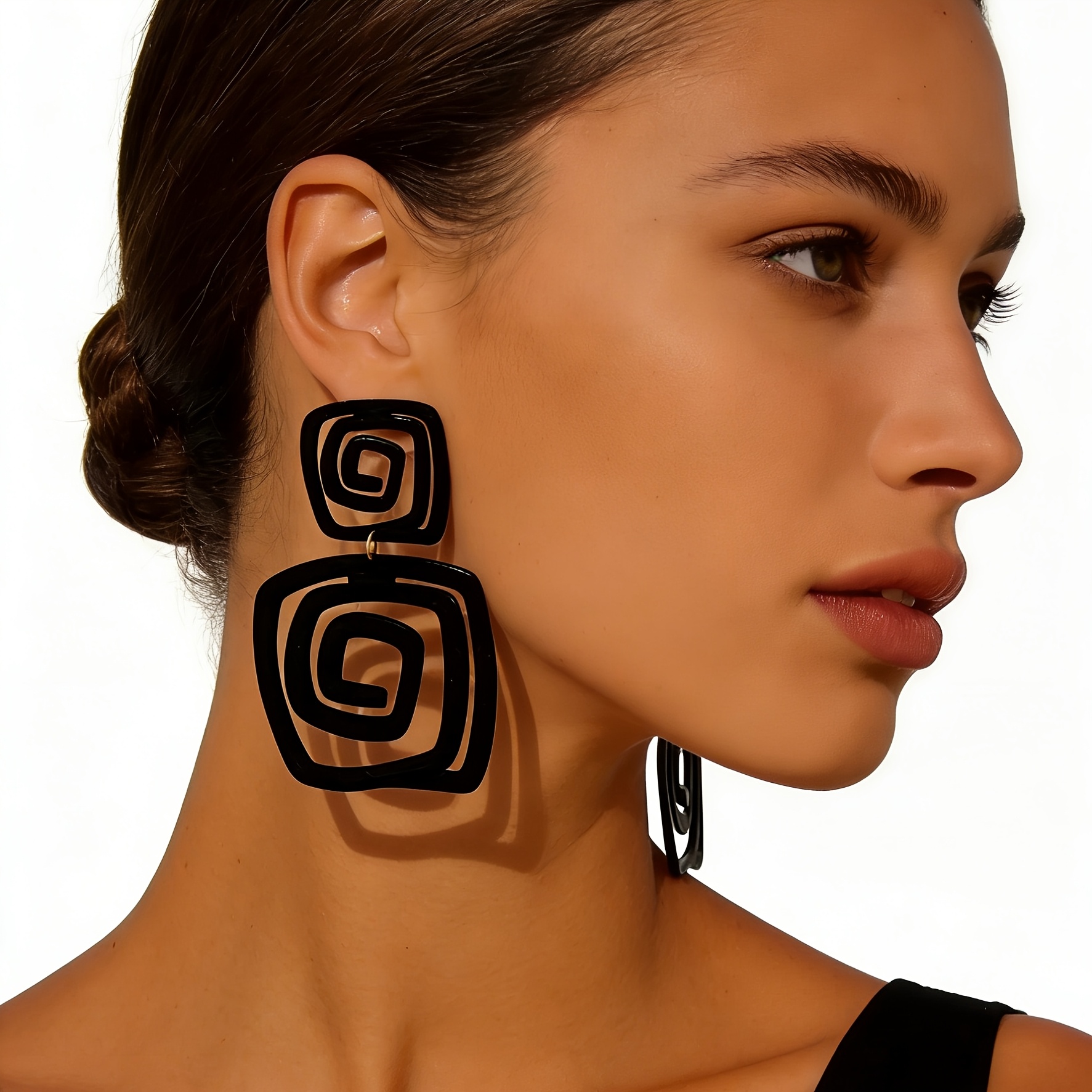 TEMU 1 Paire de Boucles d'Oreilles Tendance et Faciles pour Femmes, Noires, Géométriques, , Creuses, Grandes et Petites, Épissées, Boucles d'Oreilles