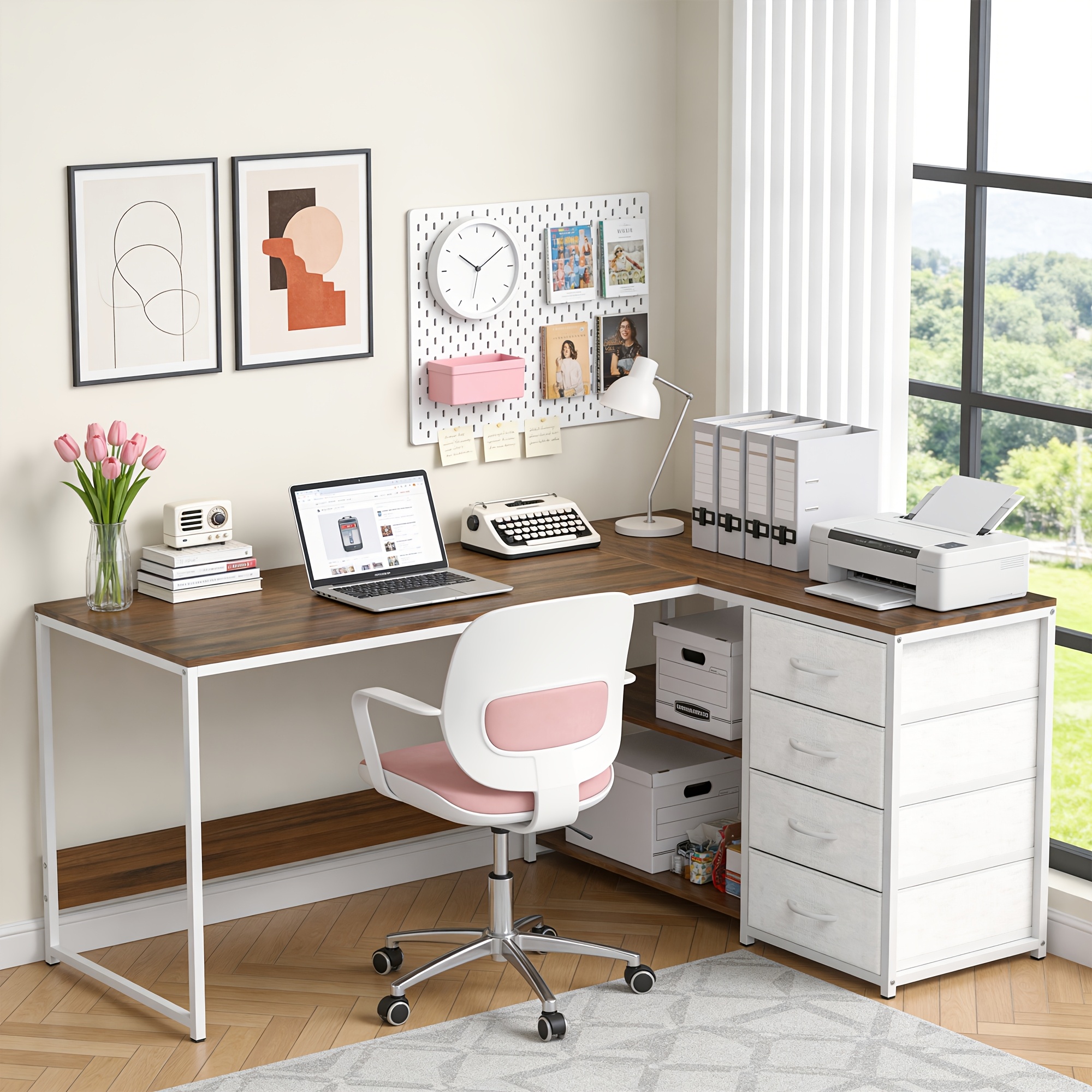 Image of Professional L-shaped Desk In , 150 Cm, 4 Storage Drawers, Industrial Metal Frame, Ergonomic Home Office Desk For , 150x110x75 Cm