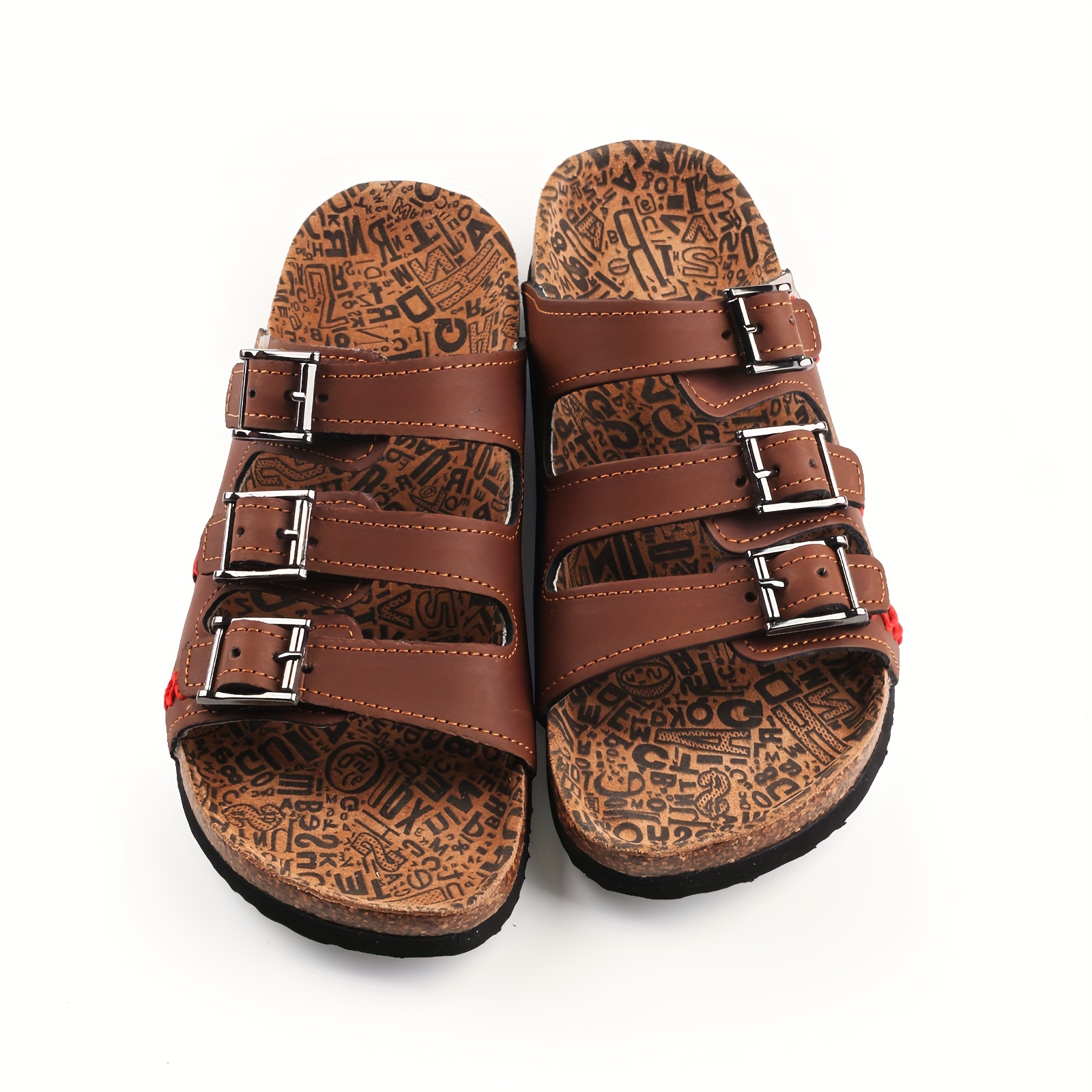 durable build womens retro   strap cork slides open toe   sole casual beach sandals with adjustable double   design brown leather upper with artistic pattern Product details 1
