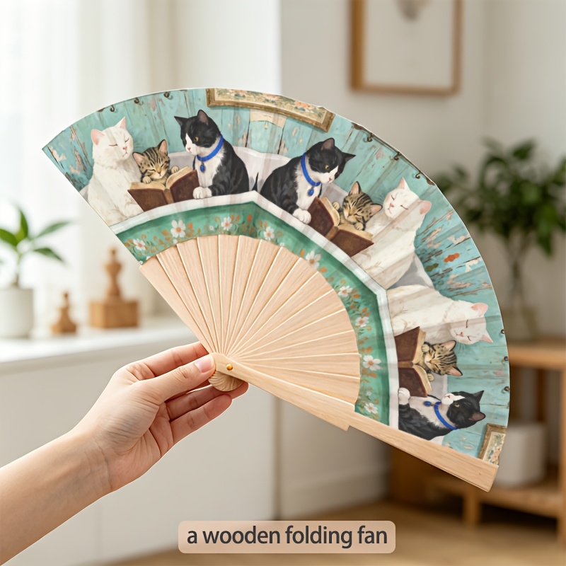 TEMU ["Éventail Pliant en Bois de 23 cm] 1pc Éventail Pliant Léger en Bois sur le Thème de de Chat , pour l'Extérieur, Matériau en Bois Facile à ,