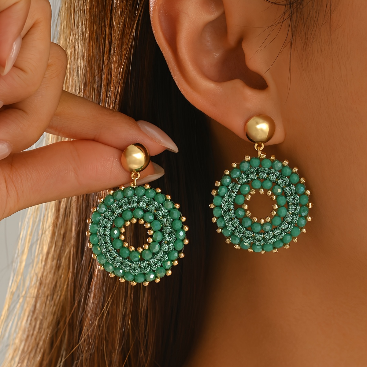 Bohemian Fashion Beaded Round Dangle Earrings, Handmade