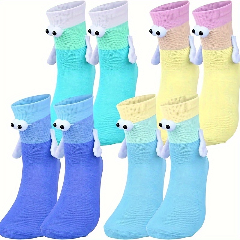 

4pcs Cartoon Eye Magnetic Hand-holding Socks - Cozy & Polyester , Couples & , Autumn/winter Wear, Cute Socks