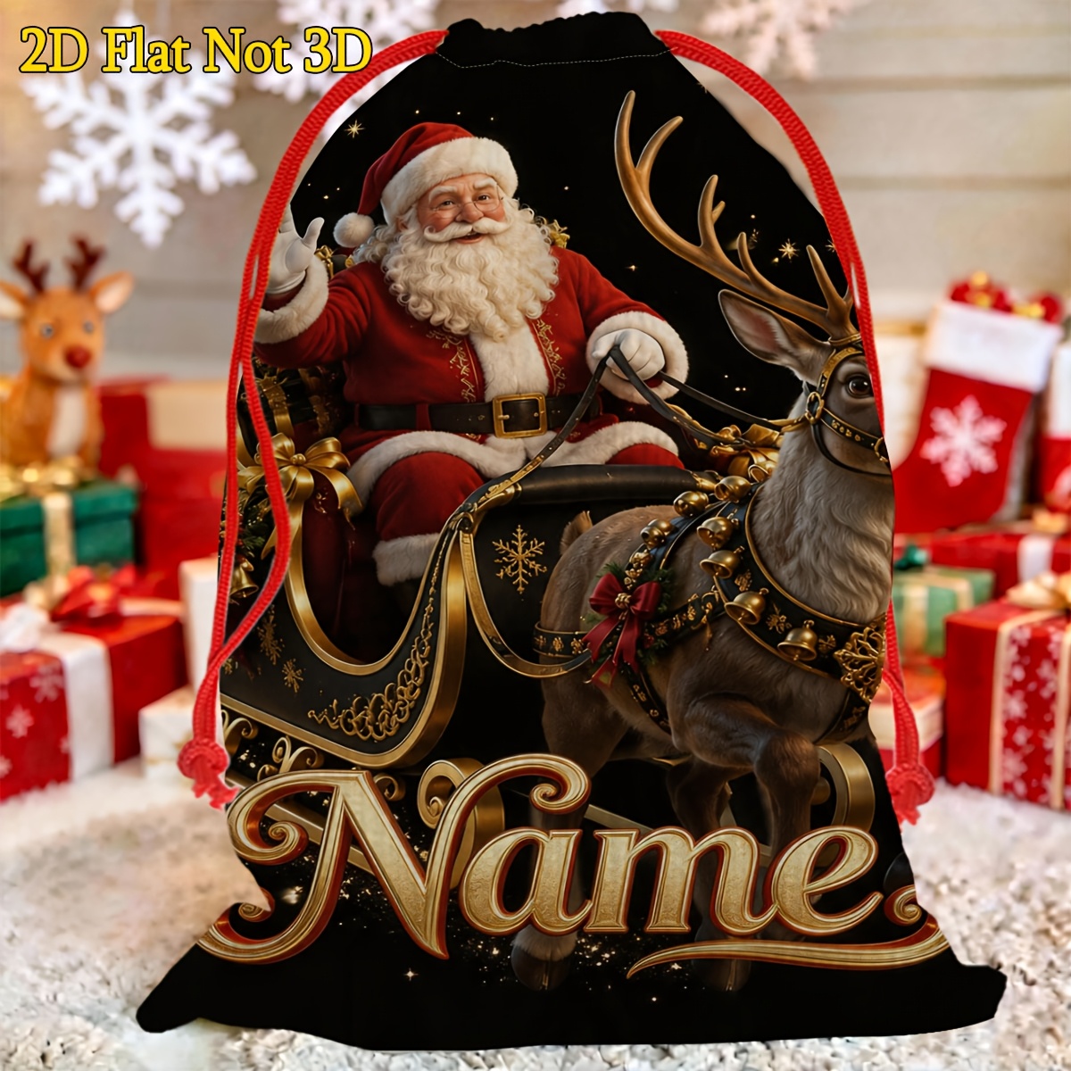 TEMU Sacs cadeaux 2D plats personnalisés, 1 pièce, texte personnalisable, Père Noël sur traîne avec cerf, sacs de rangement cadeaux à , sacs cadeaux