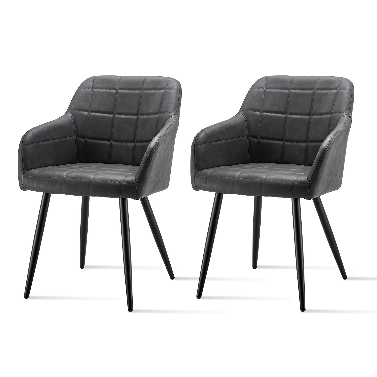 Set Of 2 Grey Leather Dining Chairs With Memory Foam & Metal Legs - Accent Armchairs, Padded Backrest & Armrests, Easy-clean Upholstery For Office, Kitchen, Living Room, Reception (no Wood-)
