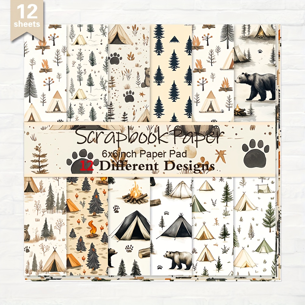 TEMU A Set Of 12 Sheets Of 6x6 Inch Scrapbook Paper Featuring Camping Themes And Black , Perfect For Diary Entries, Album Backgrounds, Crafts, Card