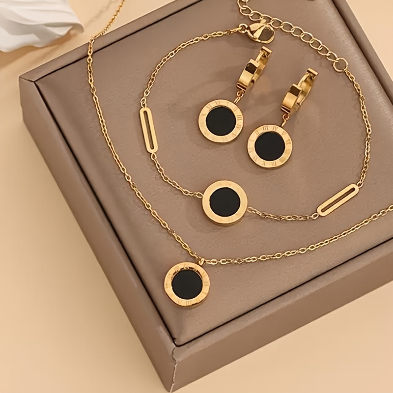 Image of 4pcs Minimalist Japanese Korean Style Black And White Case Roman Steel Necklace Bracelet Earrings Jewelry Set For Women, Suitable Wearable Simple Commuting Dating Outfit