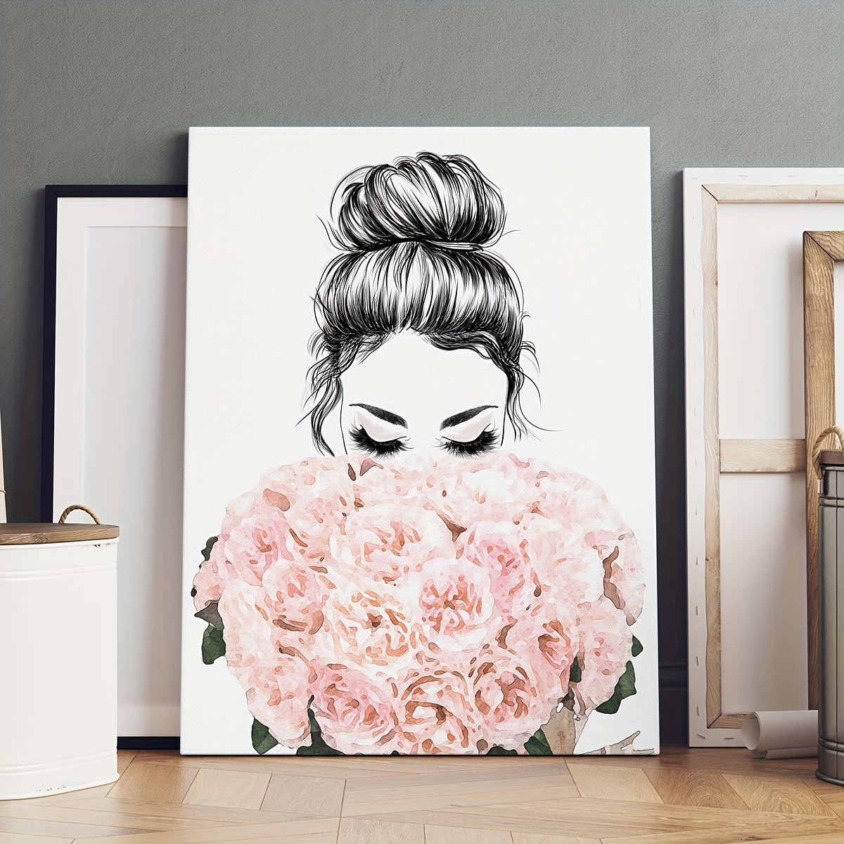TEMU 1pc Framed Canvas Wall Art Poster - Elegant Woman With , Minimalist Floral Decor In Soft , Ready-to-hang Painting For Living Room, Bedroom,
