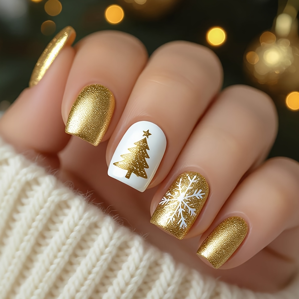 TEMU 24pcs Christmas Nail Medium Square Golden Glitter Snowball Pattern Printed Design Glossy Full Coverage Press-on Acrylic False Nails Suitable For