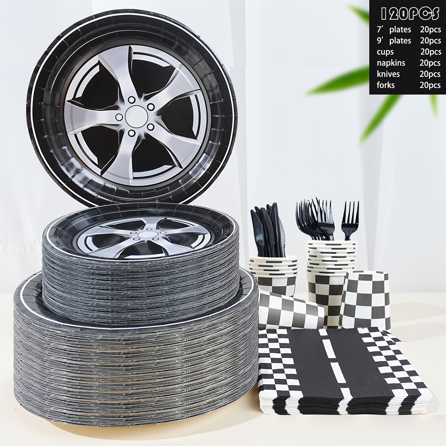 TEMU 120pcs Of Racing-themed Party Supplies Featuring Realistic Silvery Alloy And Checkered Flag Designs, Including Disposable Paper Plates, Napkins,