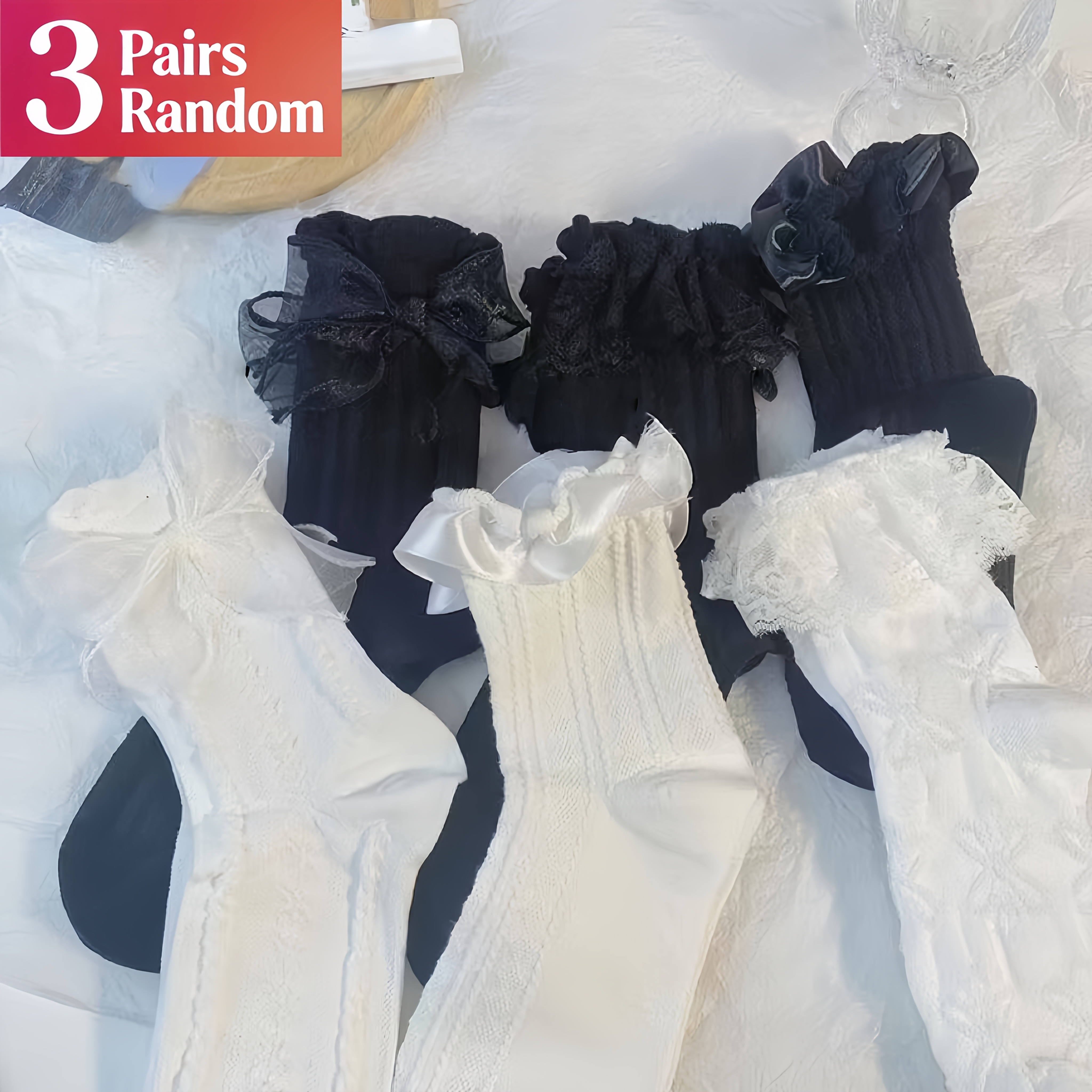 TEMU Trois paires de chaussettes princesse mignonnes avec nœud, en et noir pur aléatoires, adaptées à toutes