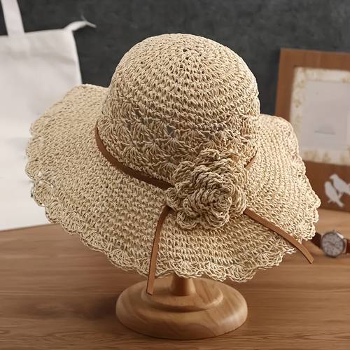 elegant womens straw bucket hat with floral crochet detail breathable sun protective versatile summer beach cap machine washable beach hat