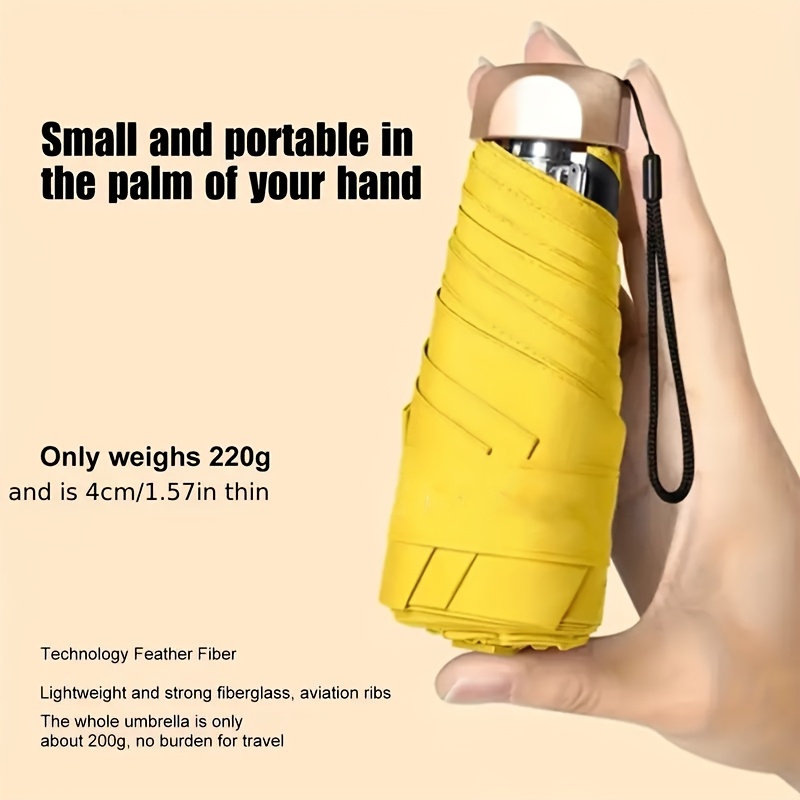 

Compact 6-rib Folding Umbrella With Uv Protection - Stylish Yellow, Manual Open, & Golden Plastic Handle, Lightweight & Portable Capsule Design For Use