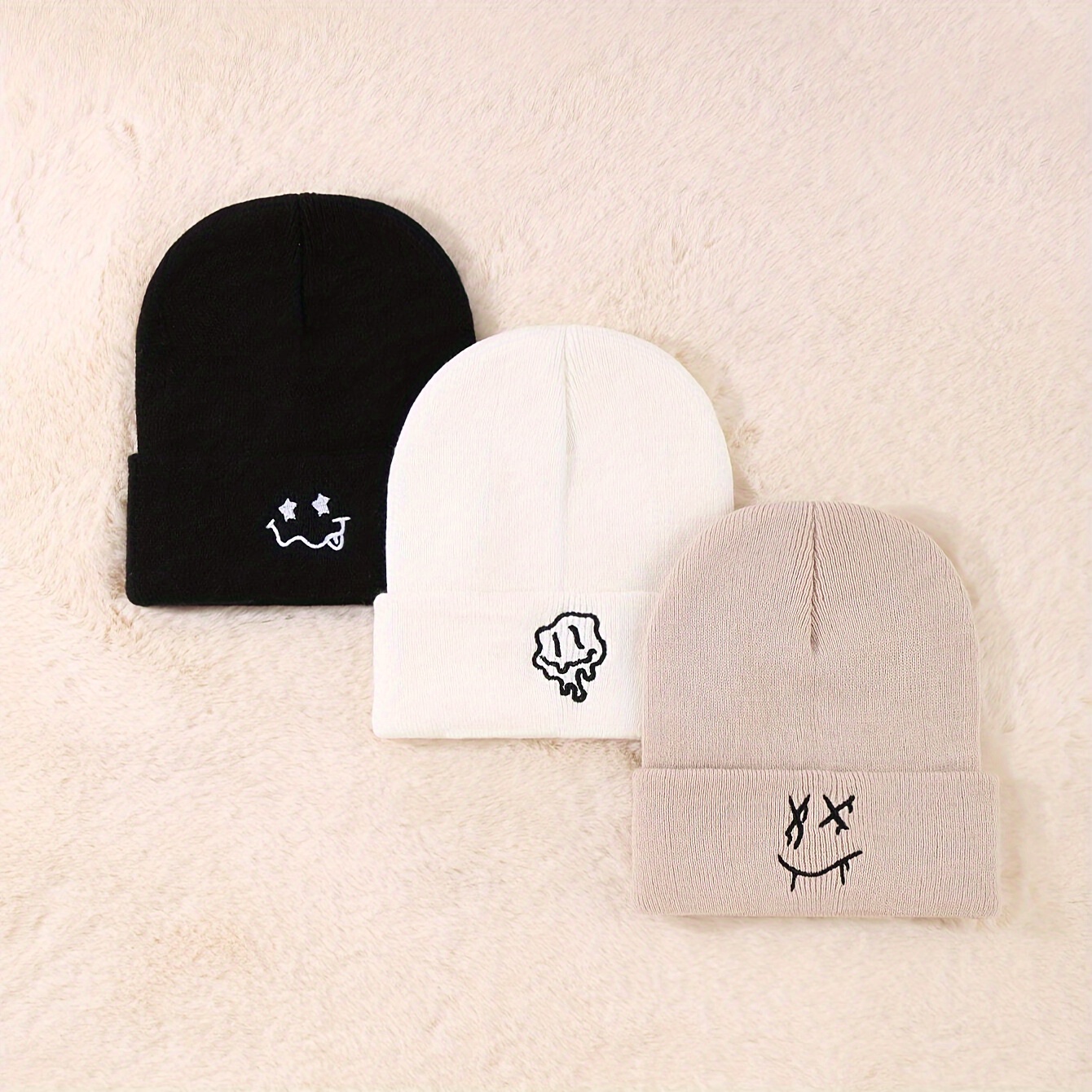 

3-piece Set Embroidered Knitted Beanies For Women, Acrylic 100% Breathable Hats, Hand Washable Dry