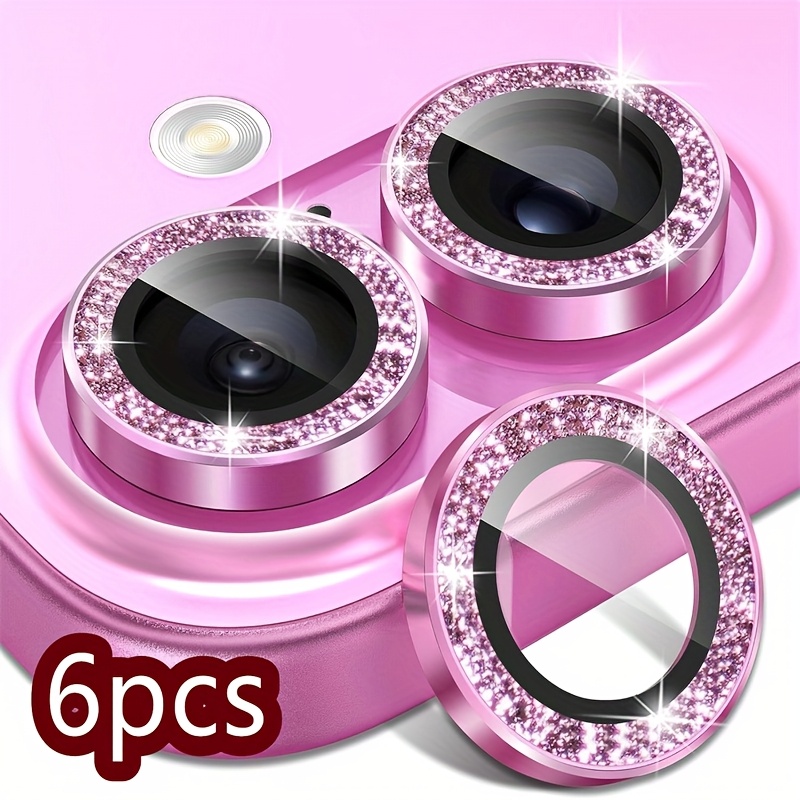 TEMU 6pcs Glitter Camera Lens Protector For Iphone-16 Plus - For Iphone 16 9h Scratch Resistant Tempered Glass With Aluminum Frame, Cute Girly Metal Glitter Ring Case, Teal