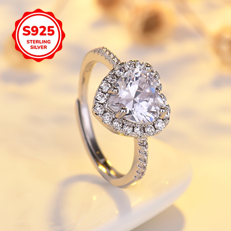 925 Silver Heart Open Ring Pink CZ Low Allergy Adjustable Light