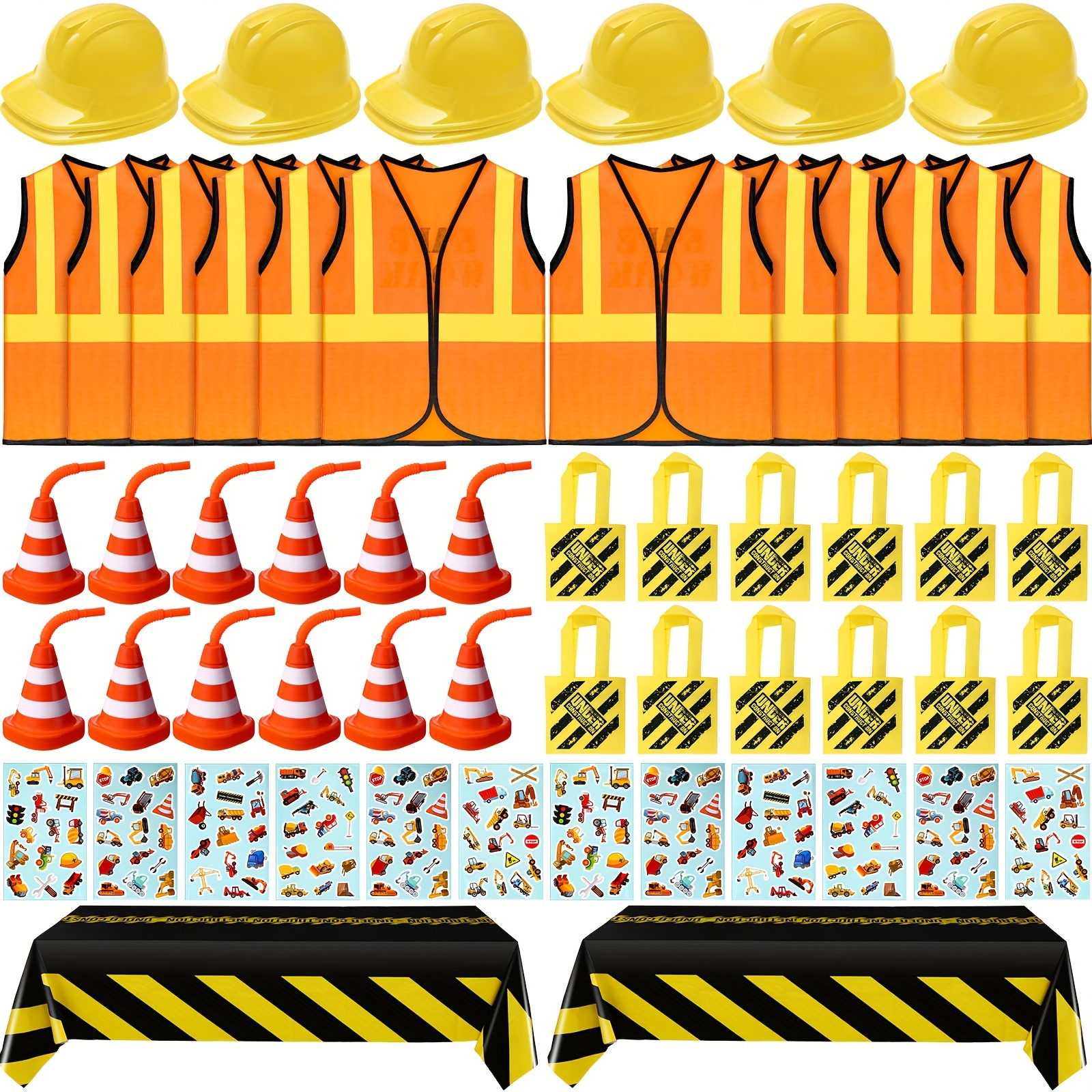 

62 Pcs Construction Birthday Party Supplies Set Construction Dress Up Set Including Vest, Hat, Tote Bag, Tablecloth, Traffic Cone Cups And Stickers For , Christmas Gift