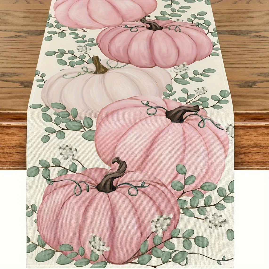 

Pink Pumpkins Eucalyptus Fall Table Runner - Polyester Rectangle Woven Autumn Thanksgiving Kitchen Dining Decoration, 13x72 Inch - Fade Resistant, Machine Washable, High Quality