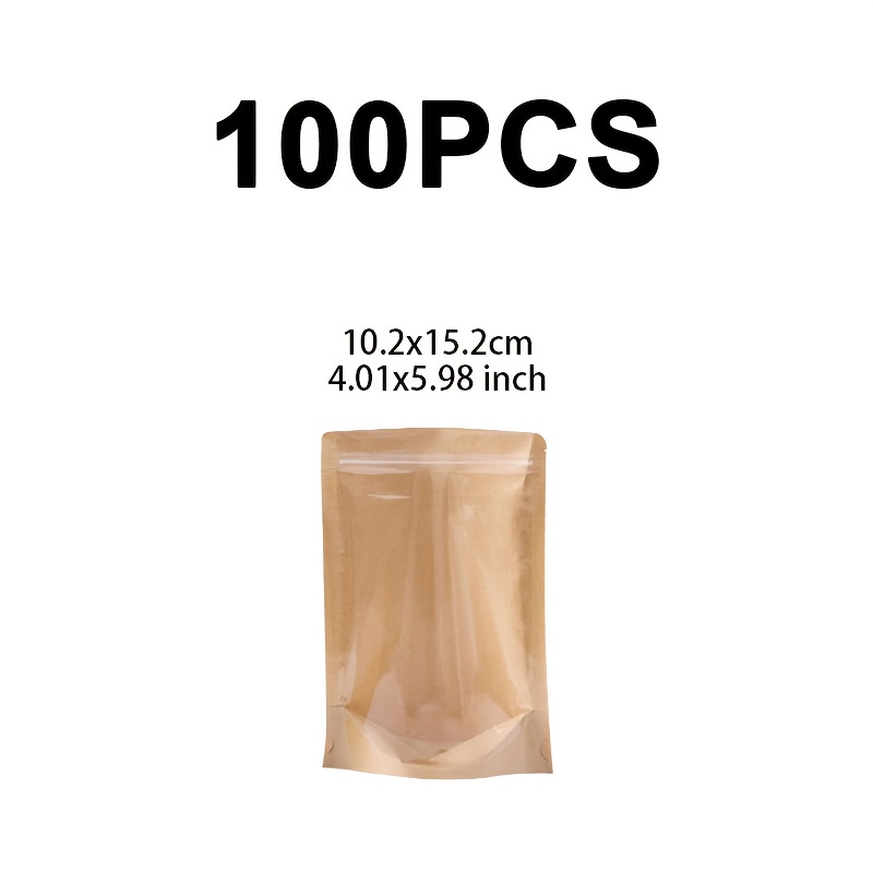 100pcs Stand Up Pouches, Bags With Window Clear Front Pouches Resealable Storage Brown