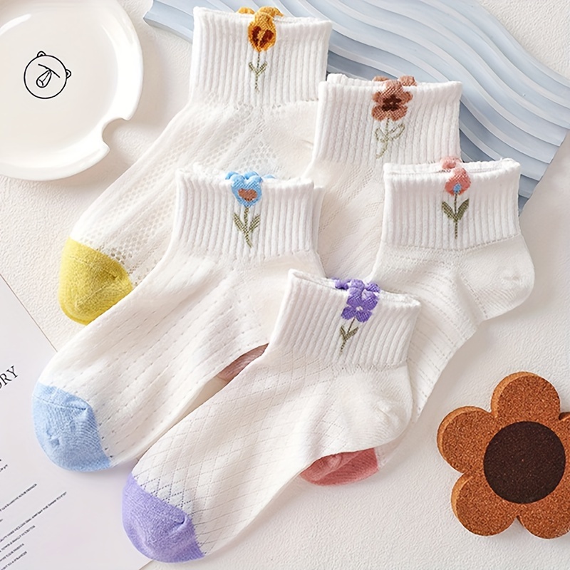 

5 paires de chaussettes courtes à fleurs pour femmes, % polyester tricoté, lavables à , 440 g/m², longueur courte, motif floral