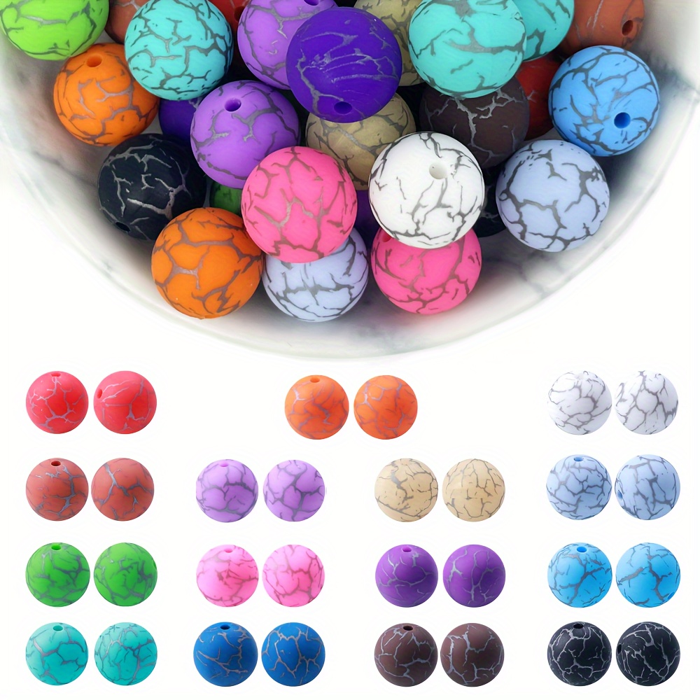 

45 Pcs Strip Printed Round Silicone Beads, 15mm, Loose Silicone Beads, For Making Keychain Creative Pens Decoration Necklace And Bracelets