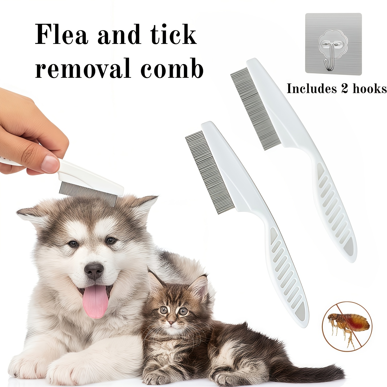 TEMU 2pcs Long-handle Flea Comb For Cats And Dogs - Includes , Removes , Loose Hair, , And Mats, Deshedding Tool For Short And Long-haired Pets