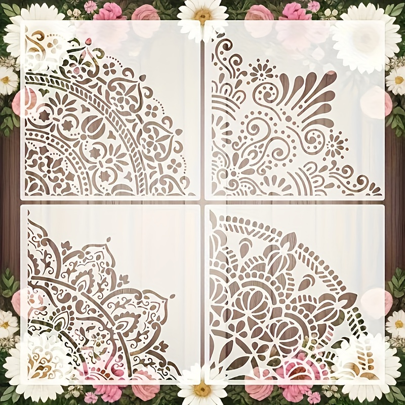 E-shop Set mit 4 großen Mandala Schablonen, 12X12 Zoll wiederverwendbare florale Mandala Zeichenschablonen, Bastelbedarf für Wand, Boden, Möbel, Stoff,