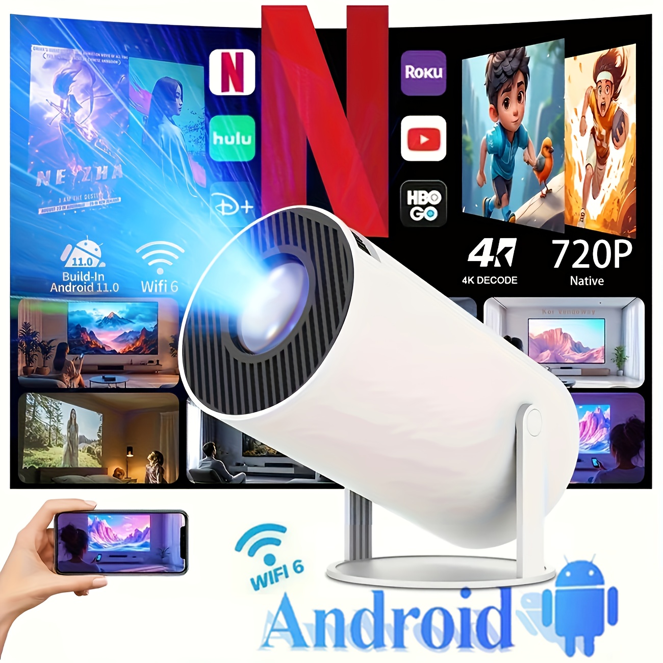    -definition projektor, integriertes   11 betriebssystem mit wifi und bt5.0-funktion, mit high-fidelity-lautsprecher ohne notwendigkeit externer hardware, unterstützt 1080p 4k-videodekodierung, klarer und leuchtender farb-full-frame,  ° flexible projektionswinkel,     für camping, heimkino, büropresentationen und geschenke