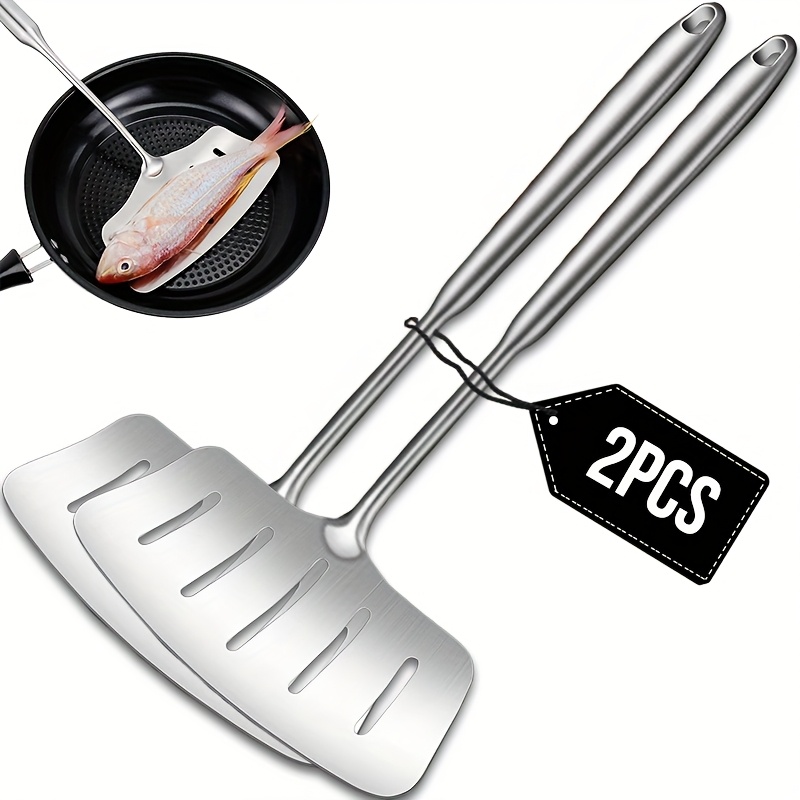 TEMU Set Of 2 Stainless Spatulas, Pancake Turners, Steak Flippers, Featuring Long Handles And Wide Slots, Measuring 14 Inches (37 Cm). Cooking Tools
