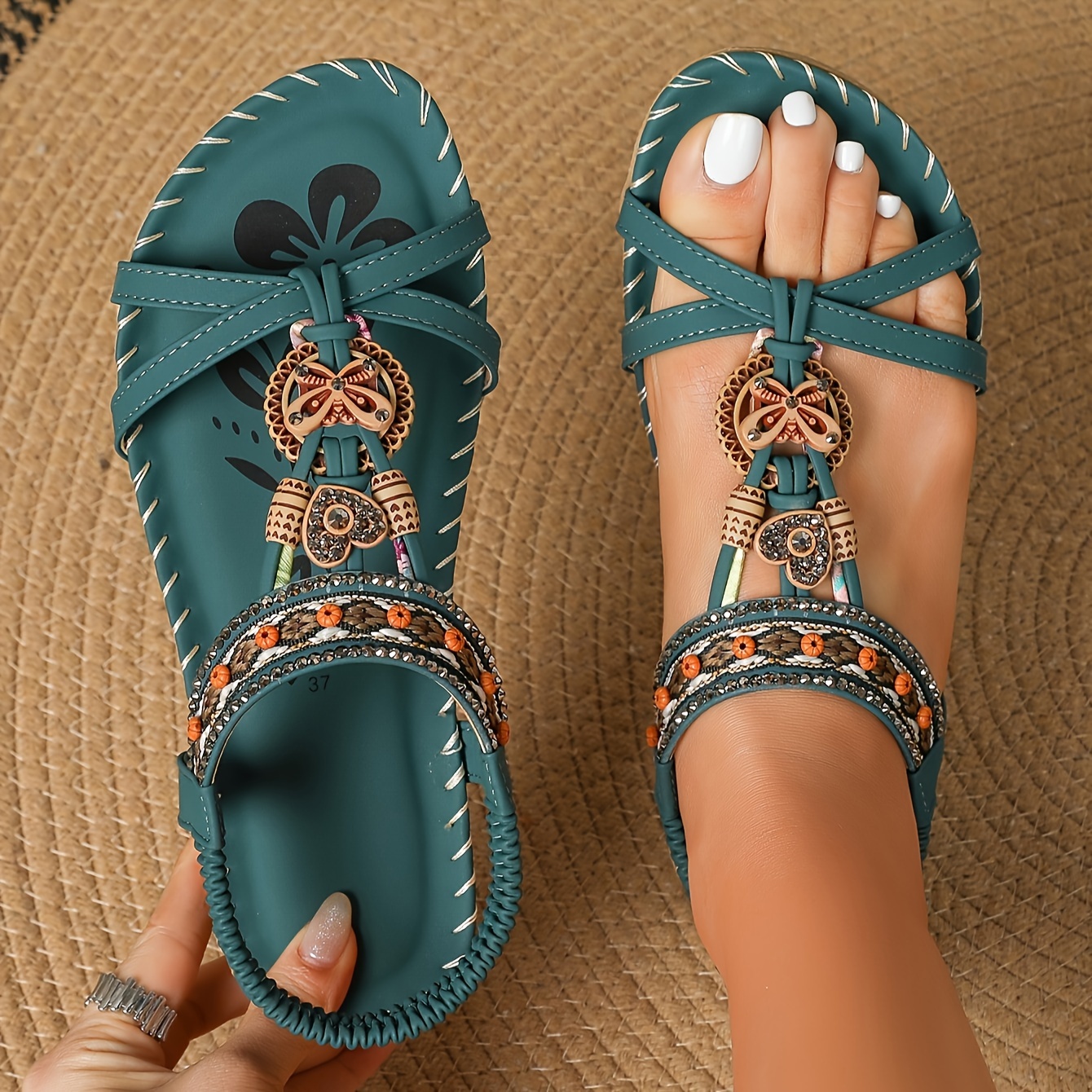 Women's Bohemian Flower Beaded Sandals, Elastic Strap Lightweight Soft Sole Vacation Shoes, Comfortable Beach Shoes