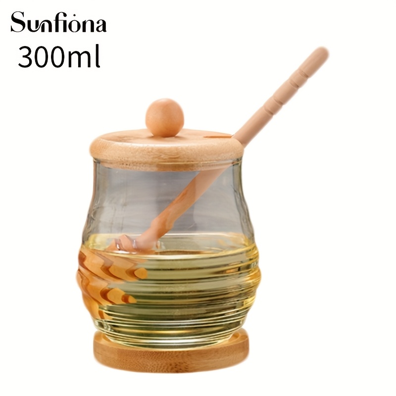 TEMU Sunfiona 1pc Tarro de Miel con de Madera y Cuchara para Miel, con Base de Madera Rústica (Un para el Despensa que con Tus Queridos)