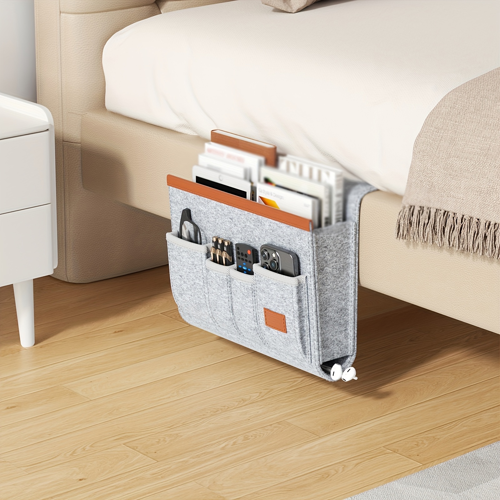 TEMU 1pc Minimalist Durable Gray Bedside Storage Pouch, Portable Multifunctional Bag, Large Capacity Felt, Small Item Organizer, Dormitory Headboard