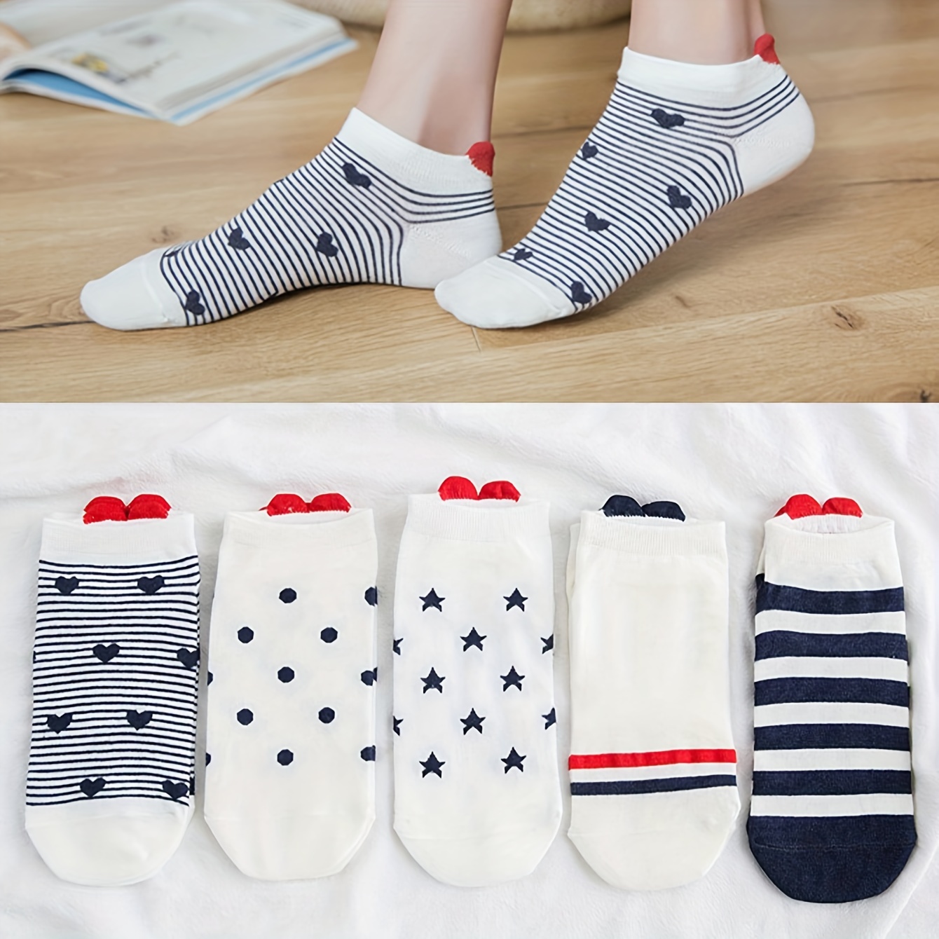 

5 Pairs Cute Love Heart Pattern Invisible Socks, Comfy & Breathable Short Socks, Women's Stockings & Hosiery